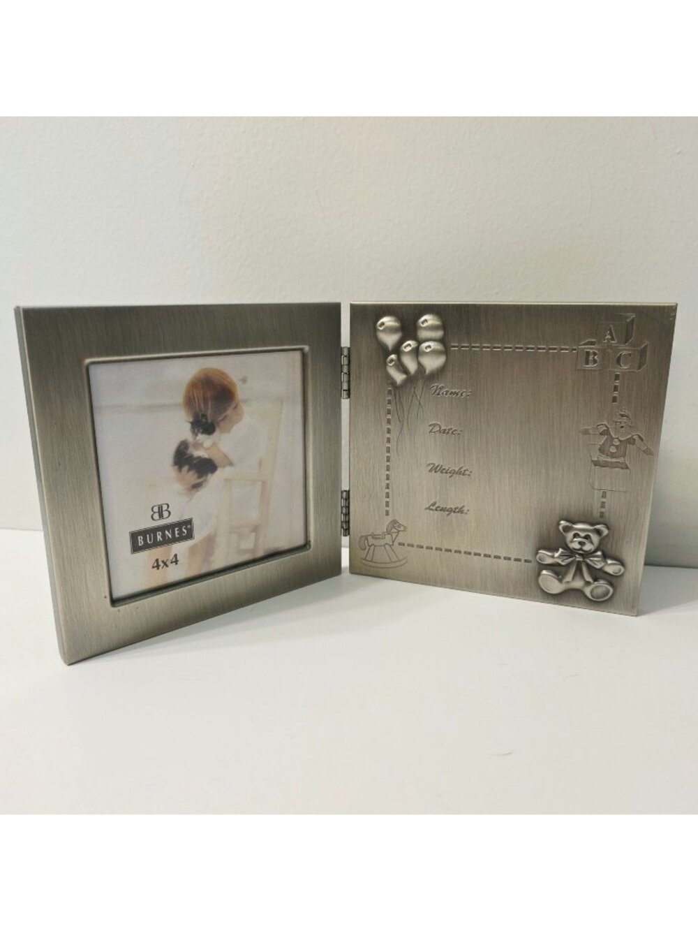 Brushed Pewter Infant Baby Birth Engraveable Hinged Photo Picture Frame Nursery